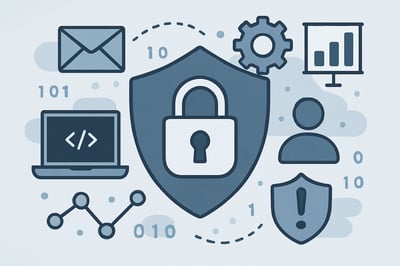 Newsletter illustration featuring cybersecurity and IT strategy elements