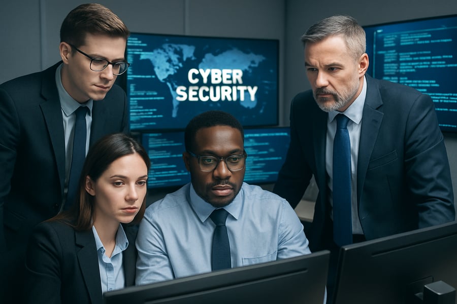 Professional cybersecurity and IT leadership team at work
