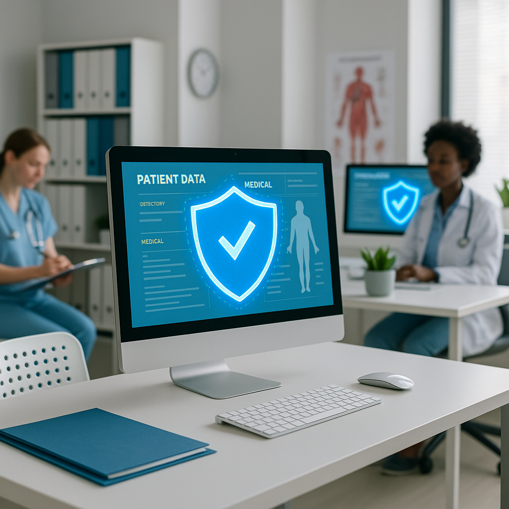 A modern healthcare office with digital security s